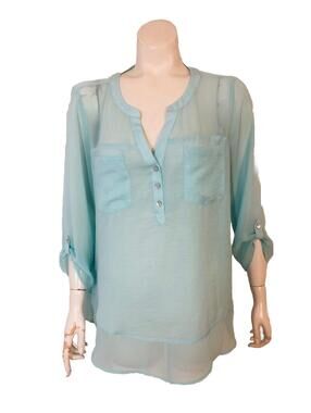 Express Womens Large Popover Blouse Aqua Semi Sheer 3/4 Sleeves Pockets